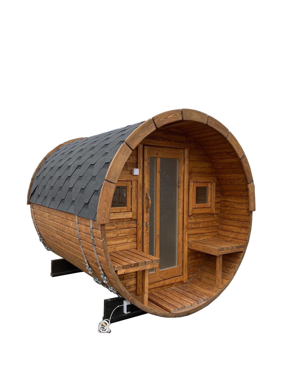 2.5m Fasssauna mit Terasse in Farbe fuchsrot