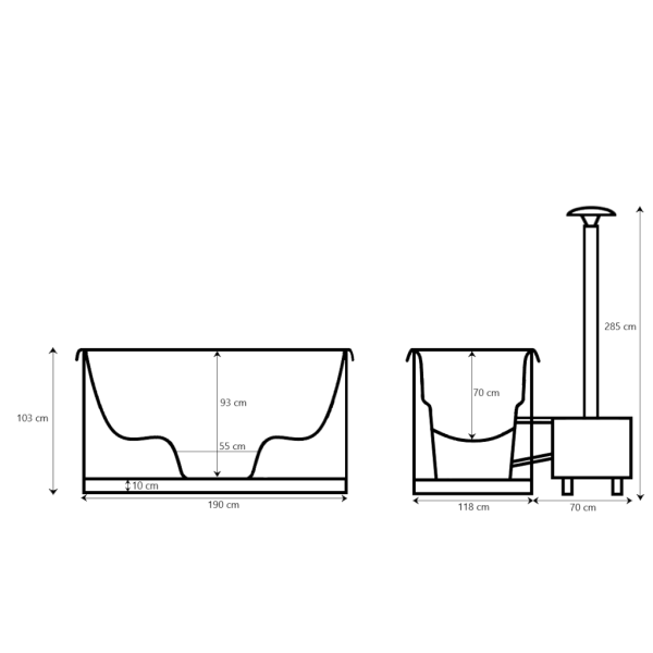 CAD Zeichnung mit Bemaßungen der 2-fach Wanne (Ofuro) mit externem Ofen